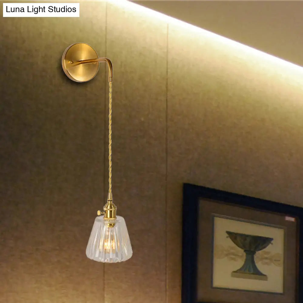 Gold Led Dome/Cone Wall Mount Sconce Light With Clear Prismatic Glass Traditional Style