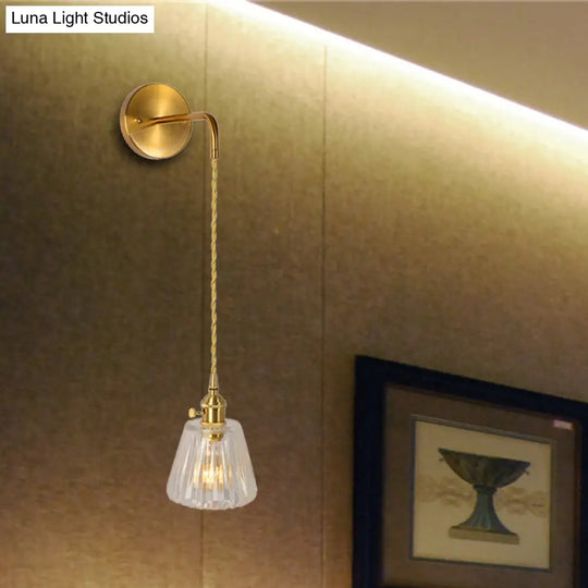 Gold Led Dome/Cone Wall Mount Sconce Light With Clear Prismatic Glass Traditional Style