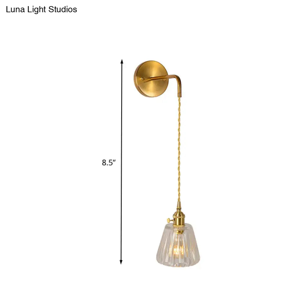 Gold Led Dome/Cone Wall Mount Sconce Light With Clear Prismatic Glass Traditional Style