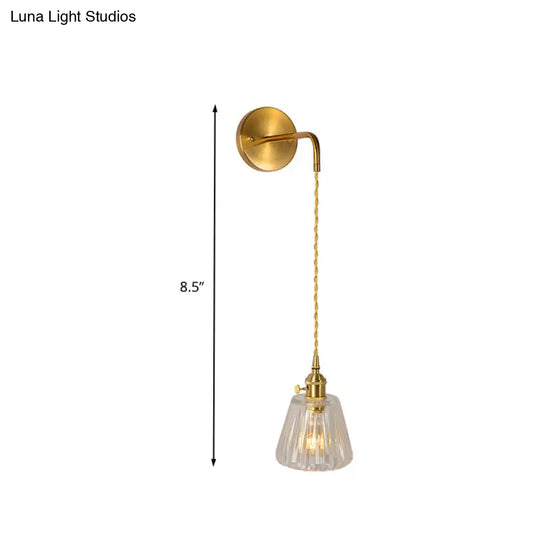 Gold Led Dome/Cone Wall Mount Sconce Light With Clear Prismatic Glass Traditional Style