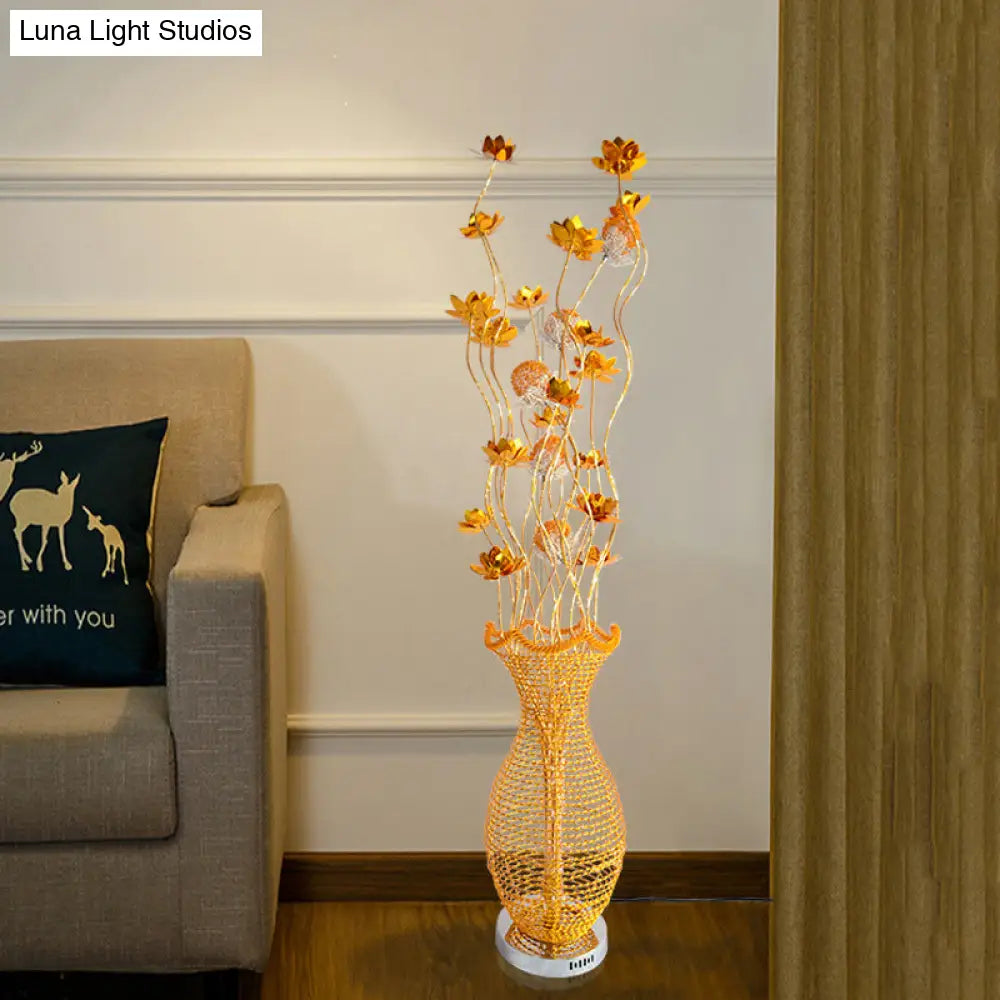 Gold Led Floor Lamp With Hollowed Vase Design And Bloom Decor - Perfect For Bedroom