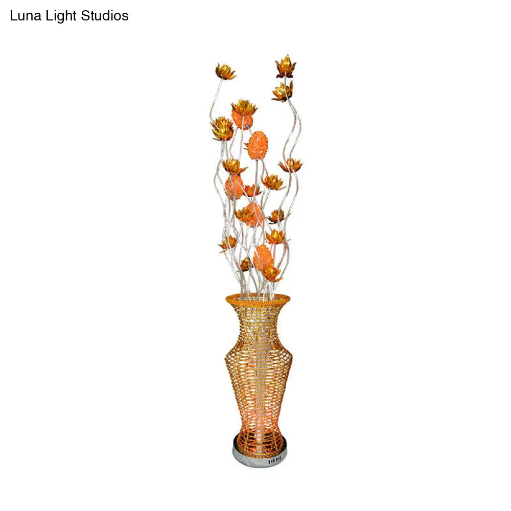 Gold Led Floor Lamp With Hollowed Vase Design And Bloom Decor - Perfect For Bedroom