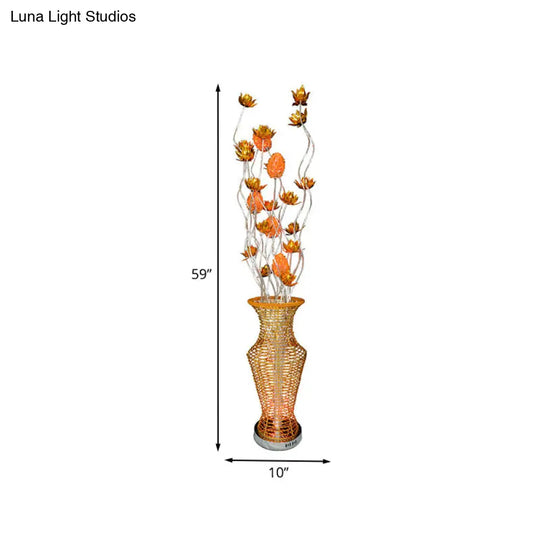 Gold Led Floor Lamp With Hollowed Vase Design And Bloom Decor - Perfect For Bedroom