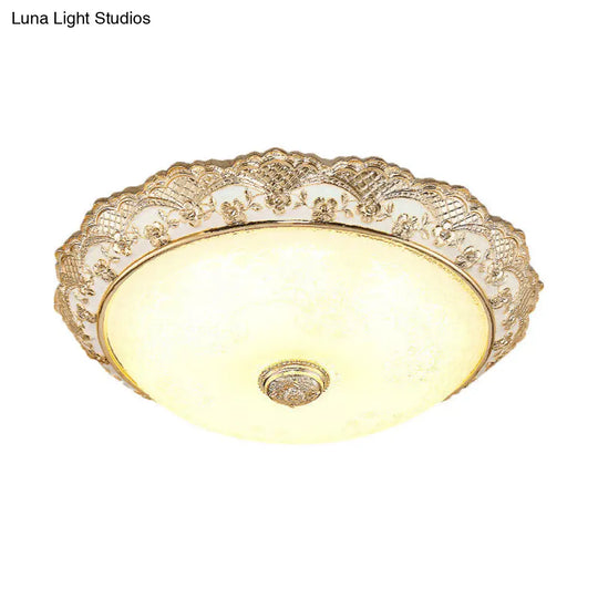 Gold Led Flush Mount Ceiling Light With Traditional Cream Glass Dome Design Perfect For Bedroom