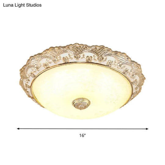 Gold Led Flush Mount Ceiling Light With Traditional Cream Glass Dome Design Perfect For Bedroom