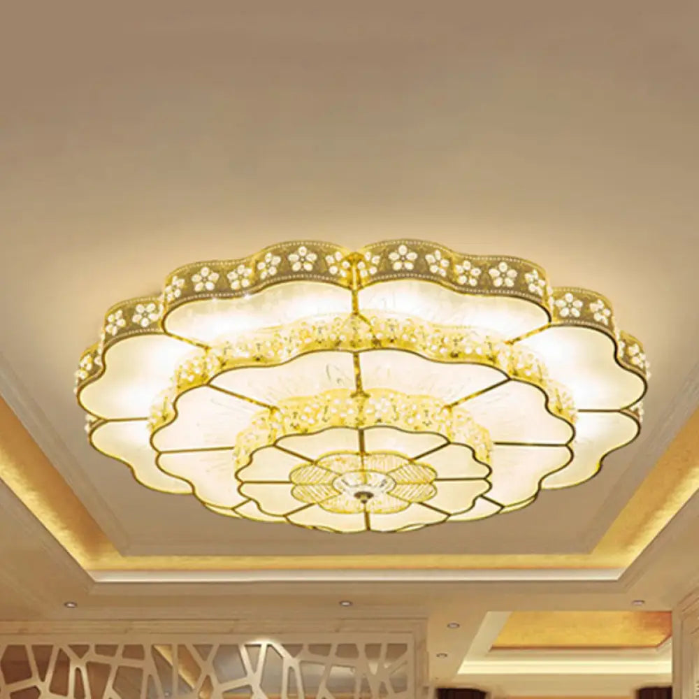 Gold Led Flush Mount Fixture With Crystal Flower Shade - Contemporary Bedroom Ceiling Lamp