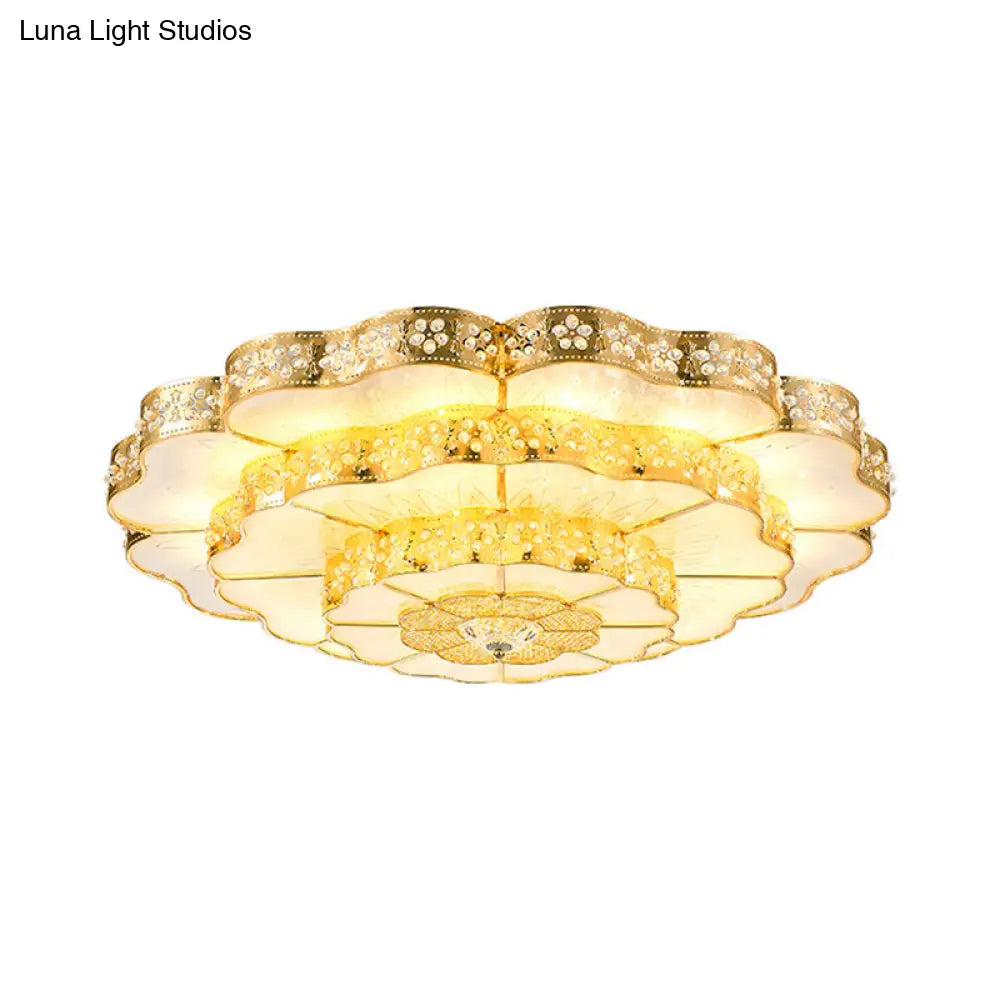 Gold Led Flush Mount Fixture With Crystal Flower Shade - Contemporary Bedroom Ceiling Lamp