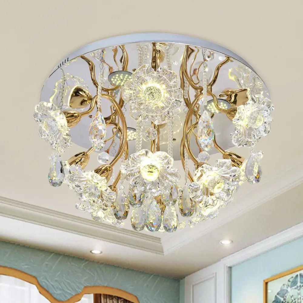 Gold Led Flush Mount Lamp With Traditional Clear Crystal Floral Shade And Droplet Accents