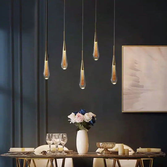 Gold Led Pendant Light: Clear Crystal Glass Waterdrop Suspension Lamp For Dining Room Décor / Oval