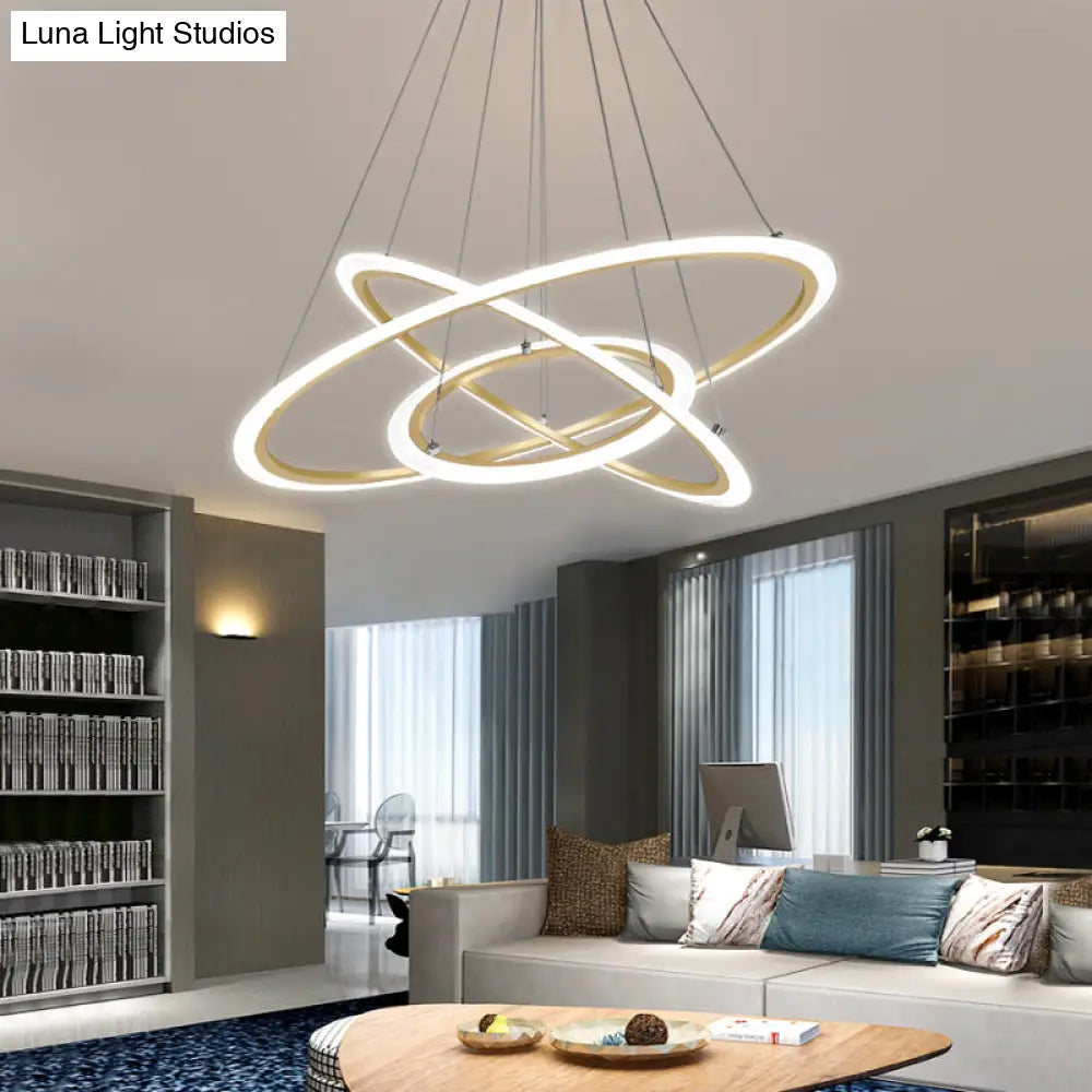 Gold Led Pendant Light Fixture - Minimalist 3-Loop Shaped Metal Chandelier