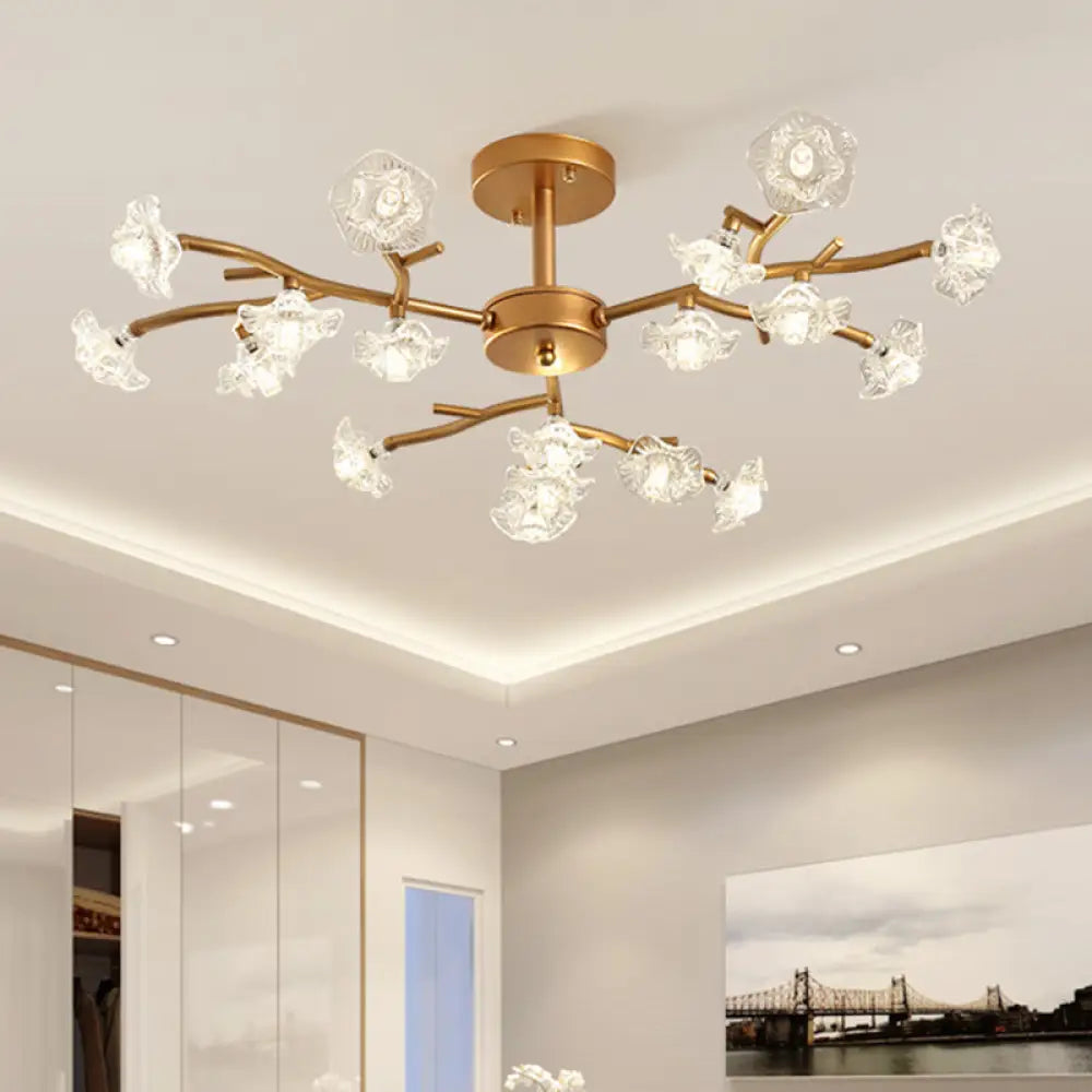 Gold Led Semi - Flush Ceiling Light With Crystal Flower Design And 18/24 Bulbs 18 /