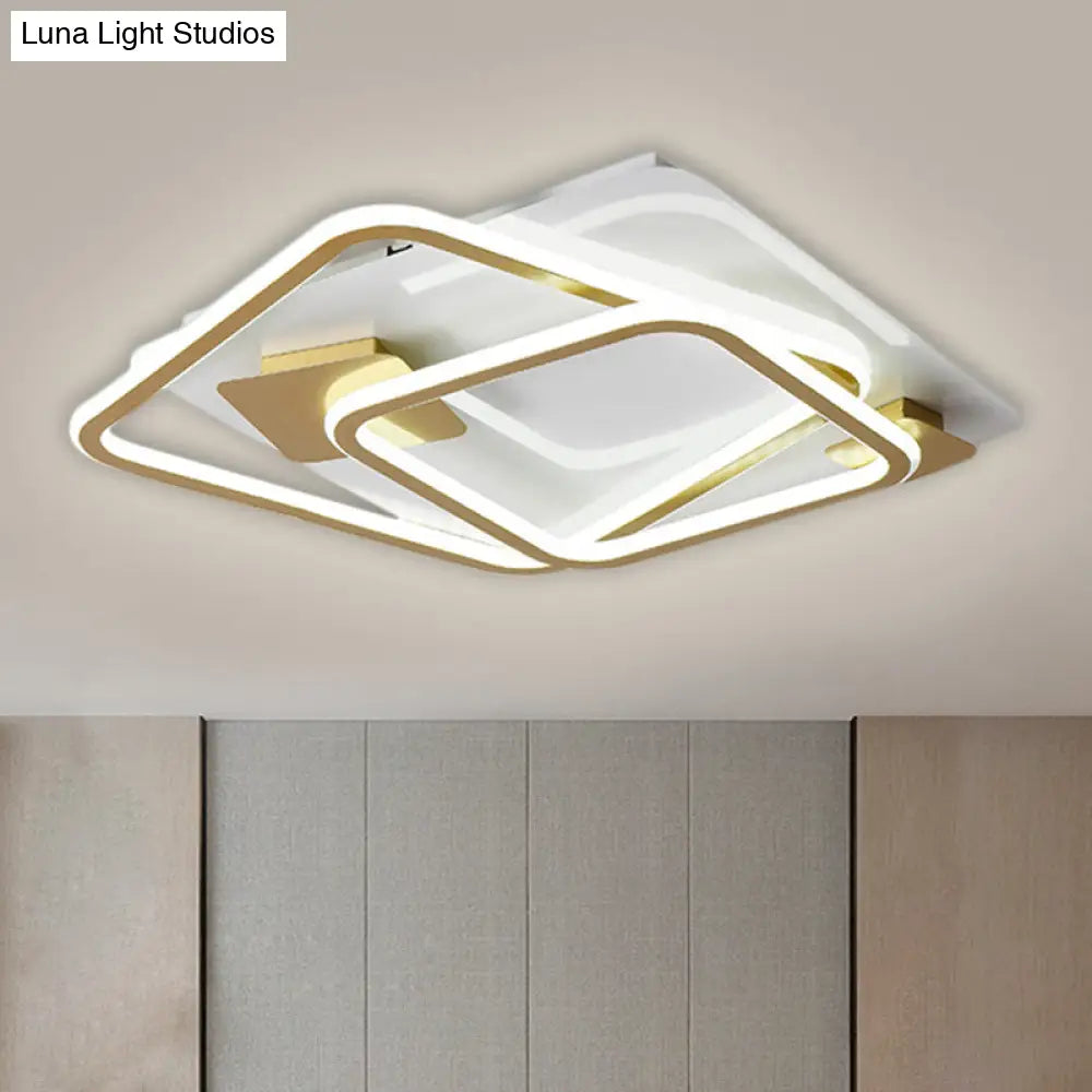 Gold Led Square Bedroom Ceiling Light - Semi Flush Mount With Metal Simplicity