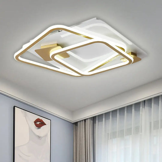 Gold Led Square Bedroom Ceiling Light - Semi Flush Mount With Metal Simplicity