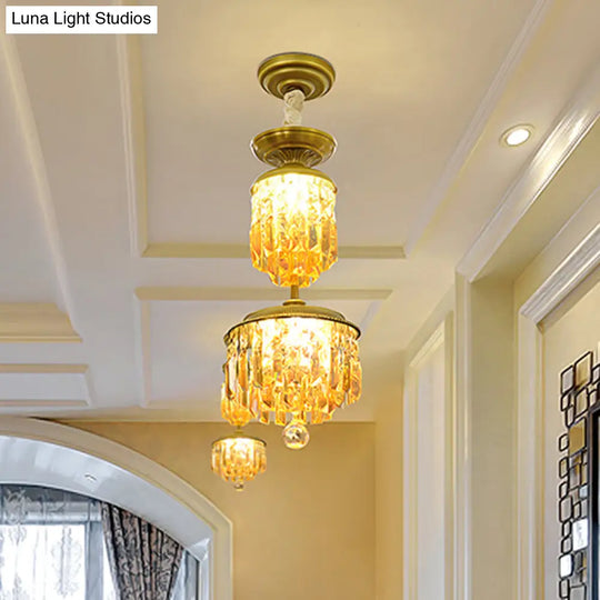 Gold Led Hanging Chandelier With 2-Tier Cylinder Shade And Umber Crystal - Modernist Hallway