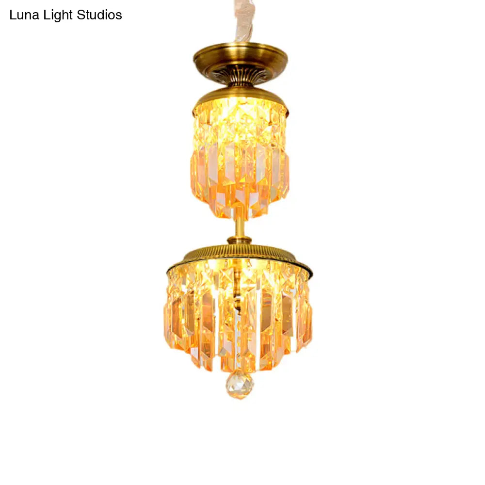 Gold Led Hanging Chandelier With 2-Tier Cylinder Shade And Umber Crystal - Modernist Hallway