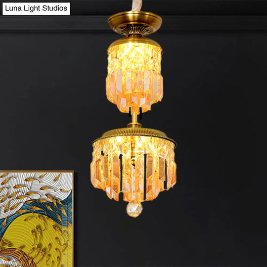 Gold Led Suspension Chandelier With 2-Tier Umber Crystal Shade - Modernist Hallway Hanging Light