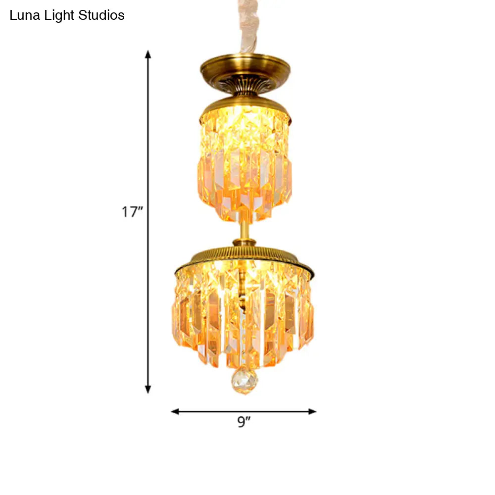 Gold Led Suspension Chandelier With 2-Tier Umber Crystal Shade - Modernist Hallway Hanging Light