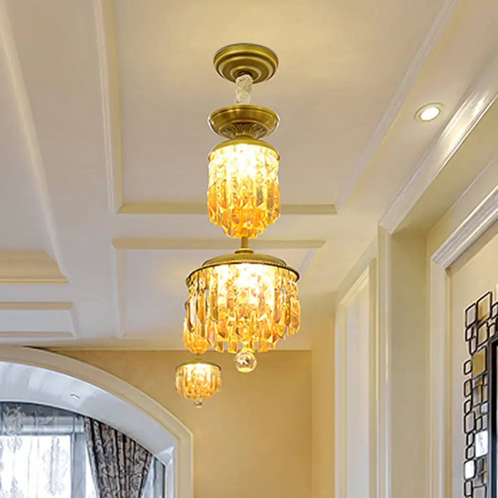 Gold Led Suspension Chandelier With 2-Tier Umber Crystal Shade - Modernist Hallway Hanging Light