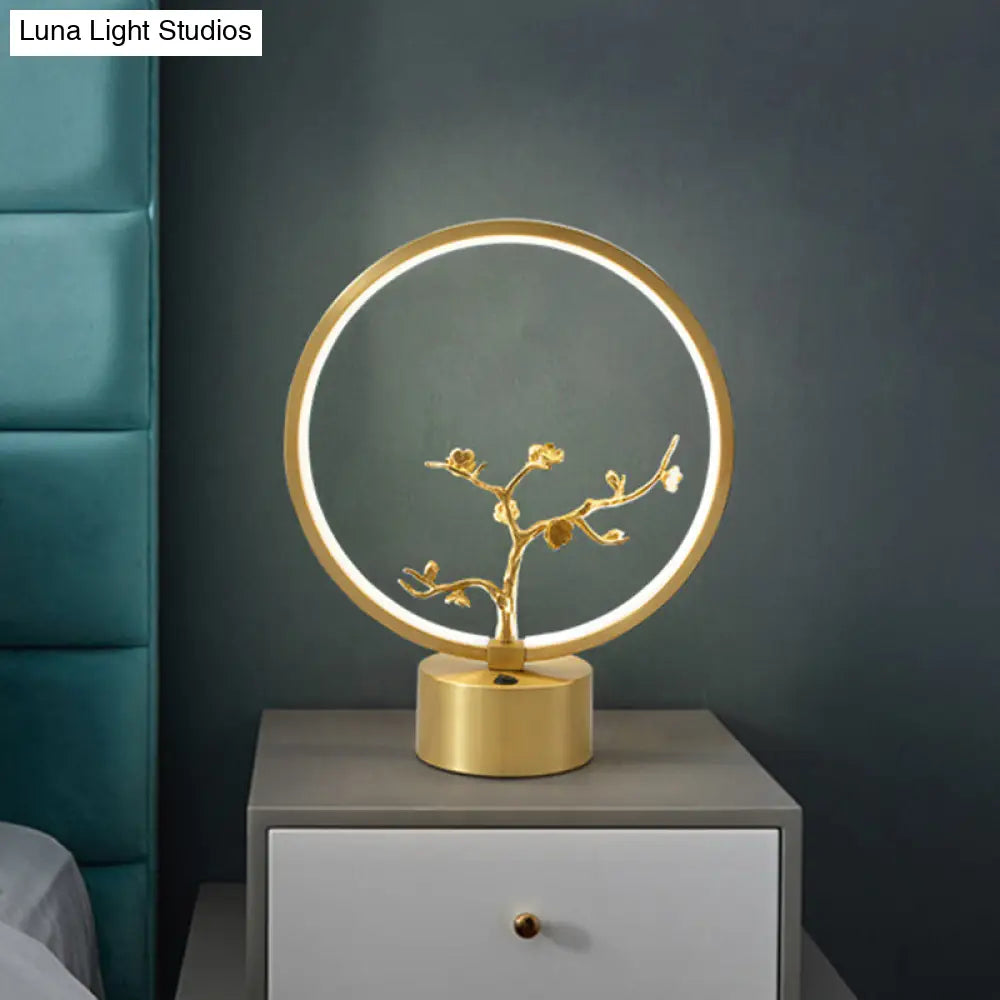 Gold Led Tree Decor Night Light - Modern Metallic Ring Table Lighting