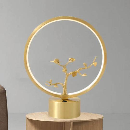 Gold Led Tree Decor Night Light - Modern Metallic Ring Table Lighting