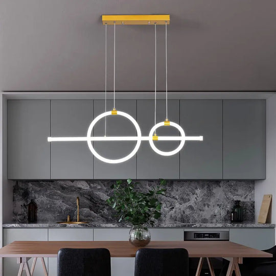 Gold Linear And Ring Led Island Chandelier For Dining Room With Simplicity Acrylic Design / White