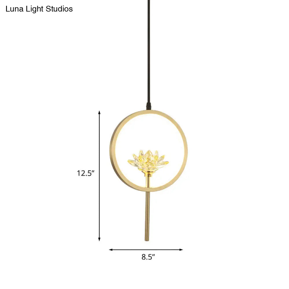 Gold Lotus Crystal Led Pendant Lamp With Minimalistic Design And Ring Arm