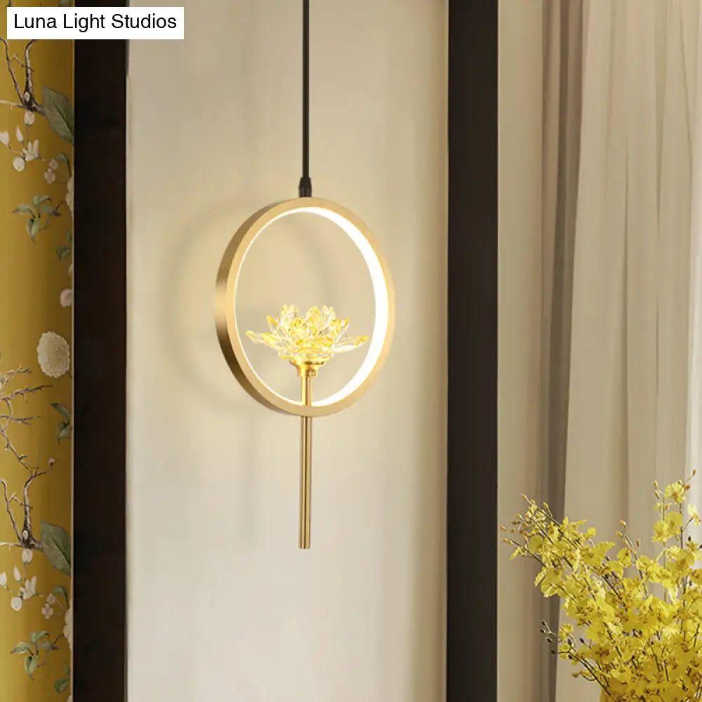 Gold Lotus Crystal Led Pendant Lamp With Minimalistic Design And Ring Arm