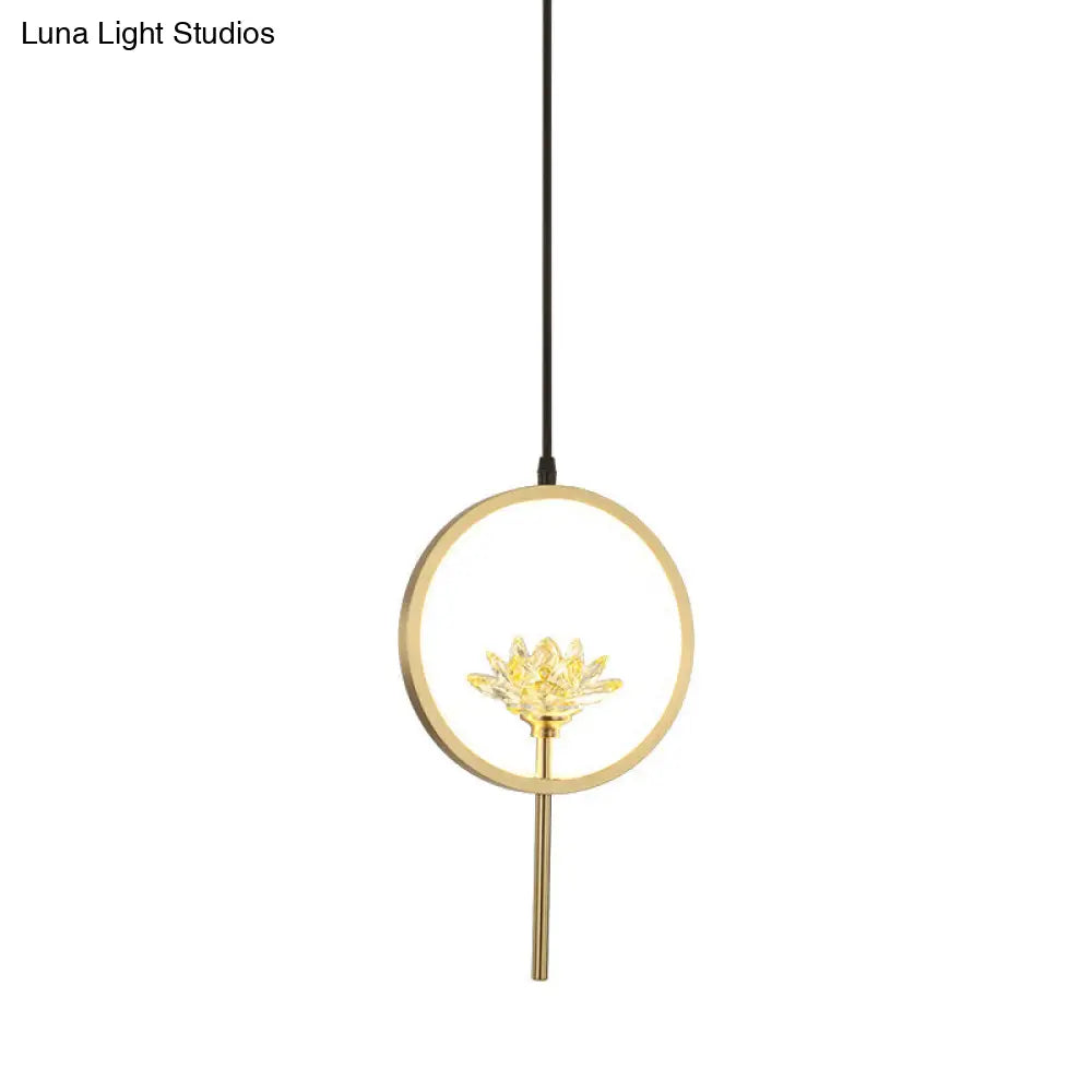 Gold Lotus Crystal Led Pendant Lamp With Minimalistic Design And Ring Arm