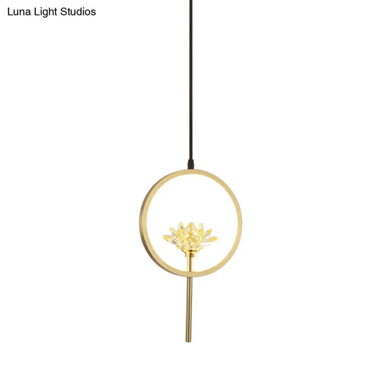 Gold Lotus Crystal Led Pendant Lamp With Minimalistic Design And Ring Arm