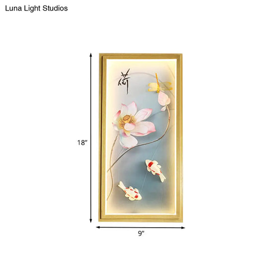 Gold Lotus Fabric Wall Sconce With Led Flush Mount For Bedroom