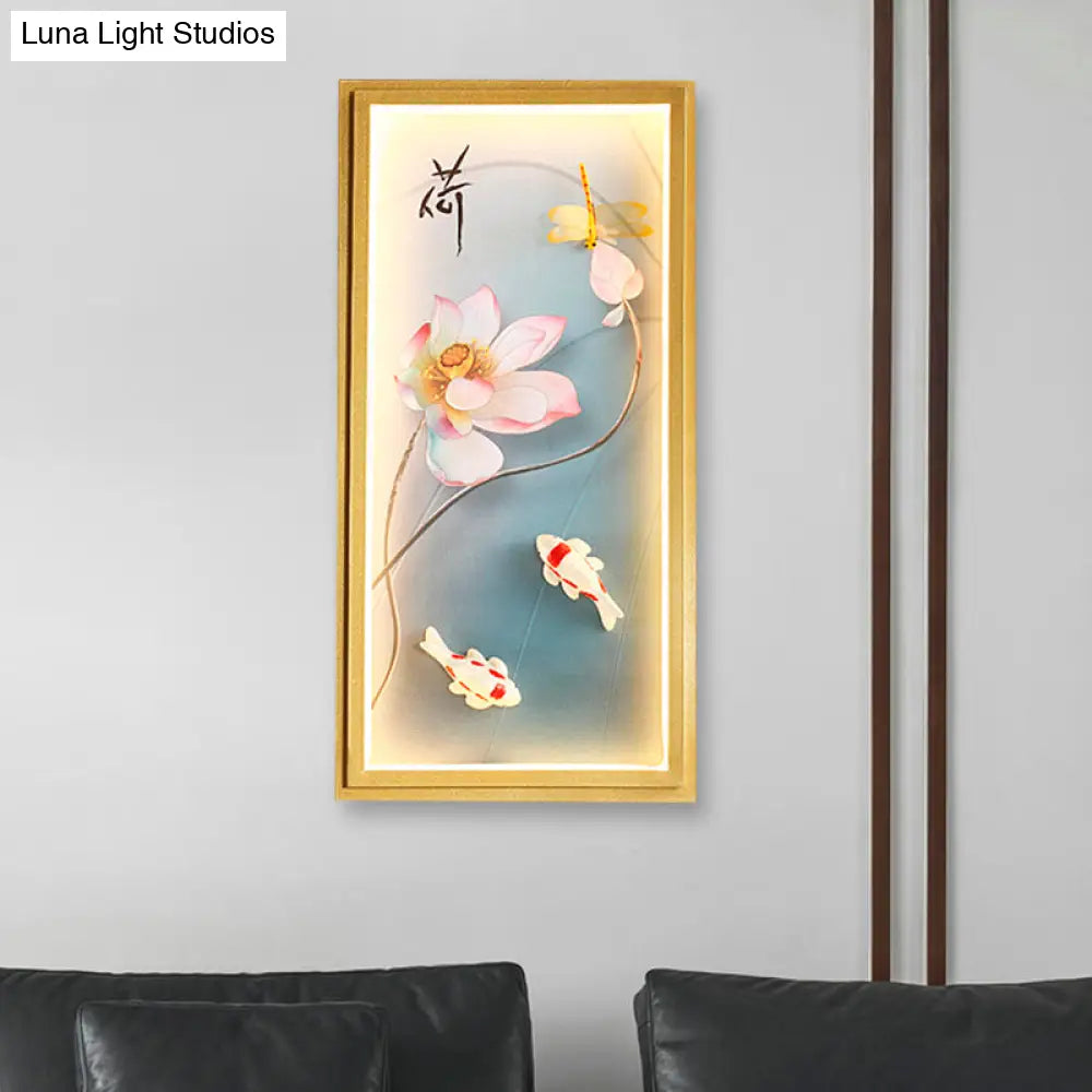 Gold Lotus Fabric Wall Sconce With Led Flush Mount For Bedroom