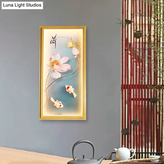 Gold Lotus Fabric Wall Sconce With Led Flush Mount For Bedroom