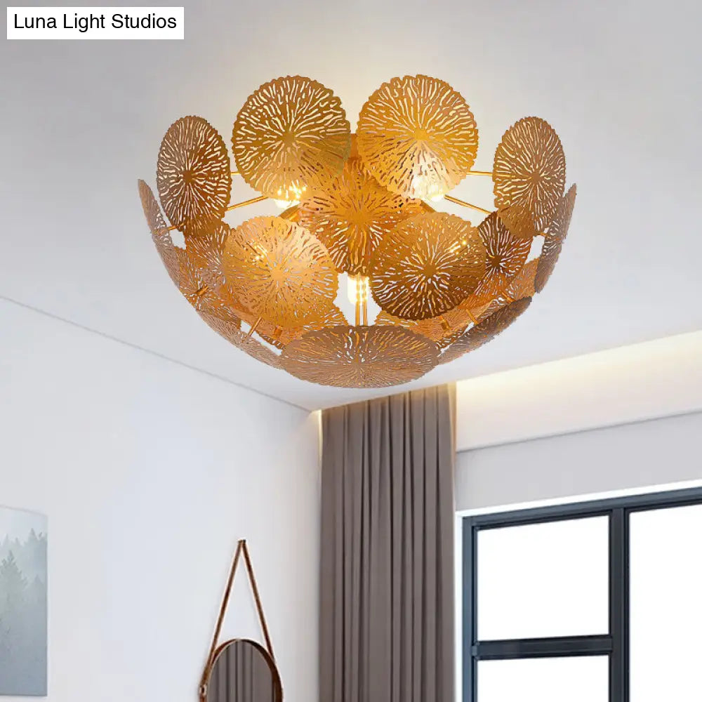 Gold Lotus Leaf 5-Head Semi Flush Light: Modern Metal Fixture