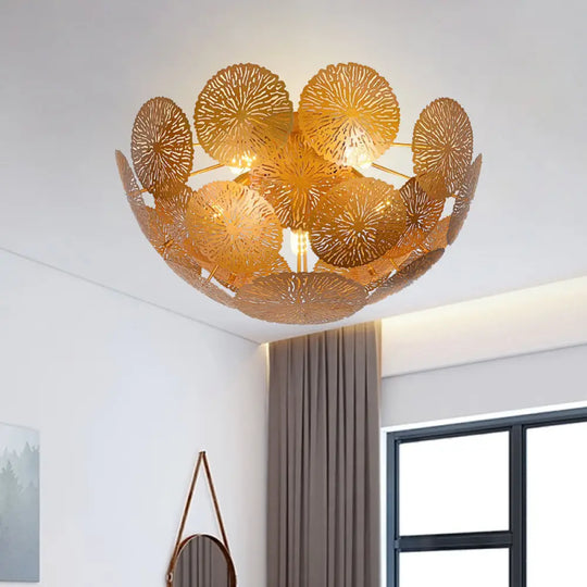 Gold Lotus Leaf 5 - Head Semi Flush Light: Modern Metal Fixture