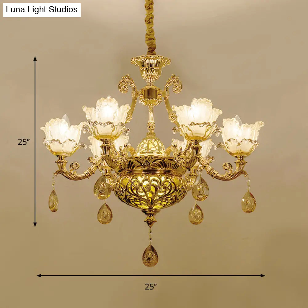 Gold Luxury Flower Chandelier With Amber Glass And Crystal Draping - 6/8 Bulbs Ceiling Light