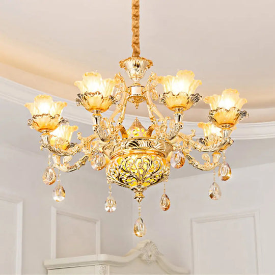 Gold Luxury Flower Chandelier With Amber Glass And Crystal Draping - 6/8 Bulbs Ceiling Light 6 /