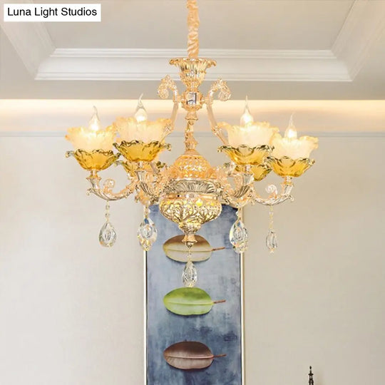 Gold Luxury Flower Chandelier With Amber Glass And Crystal Draping - 6/8 Bulbs Ceiling Light