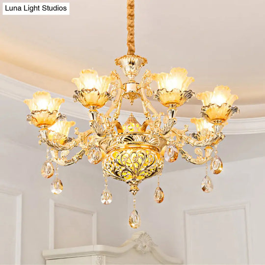 Gold Luxury Flower Chandelier With Amber Glass And Crystal Draping - 6/8 Bulbs Ceiling Light