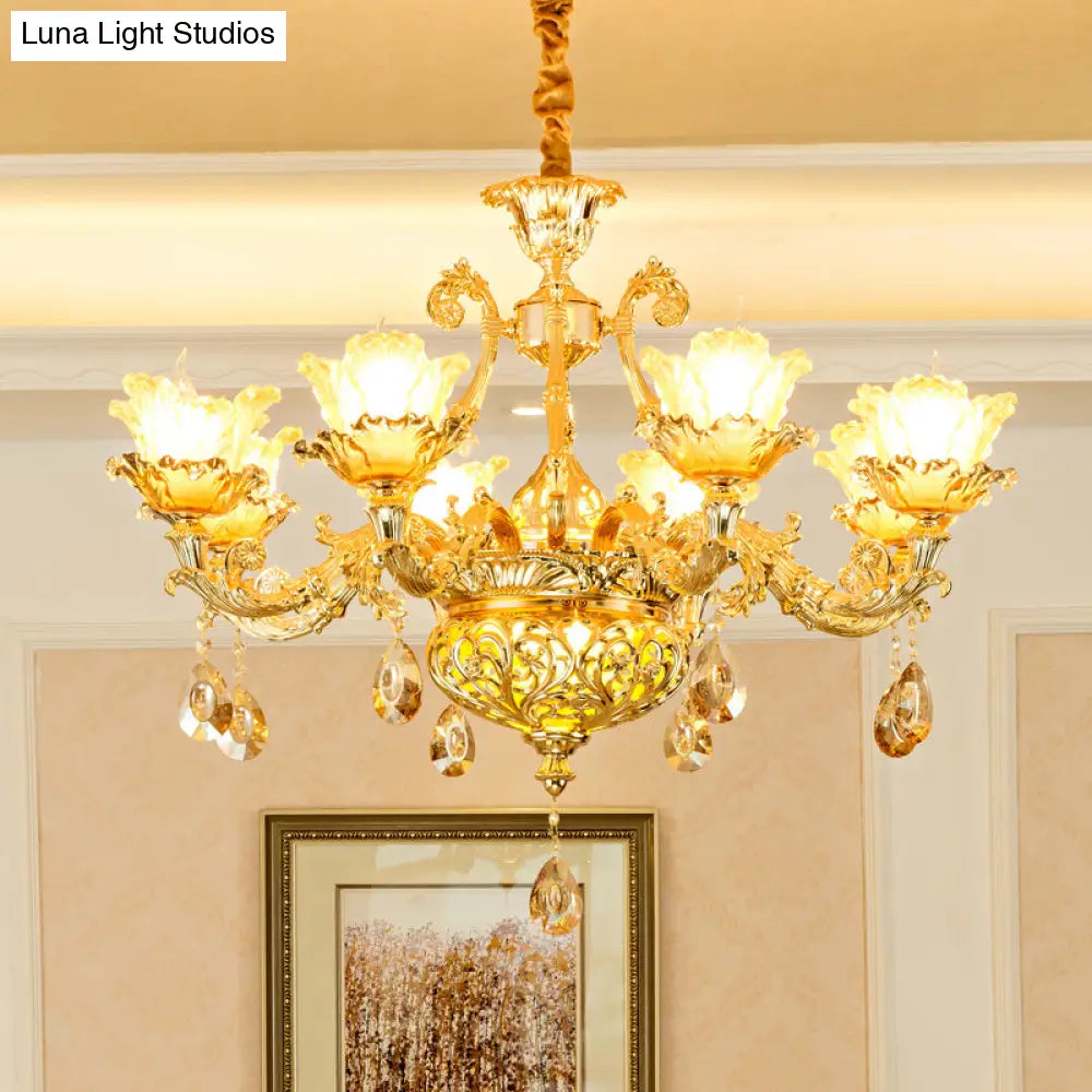 Gold Luxury Flower Chandelier With Amber Glass And Crystal Draping - 6/8 Bulbs Ceiling Light