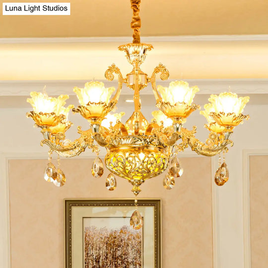 Gold Luxury Flower Chandelier With Amber Glass And Crystal Draping - 6/8 Bulbs Ceiling Light