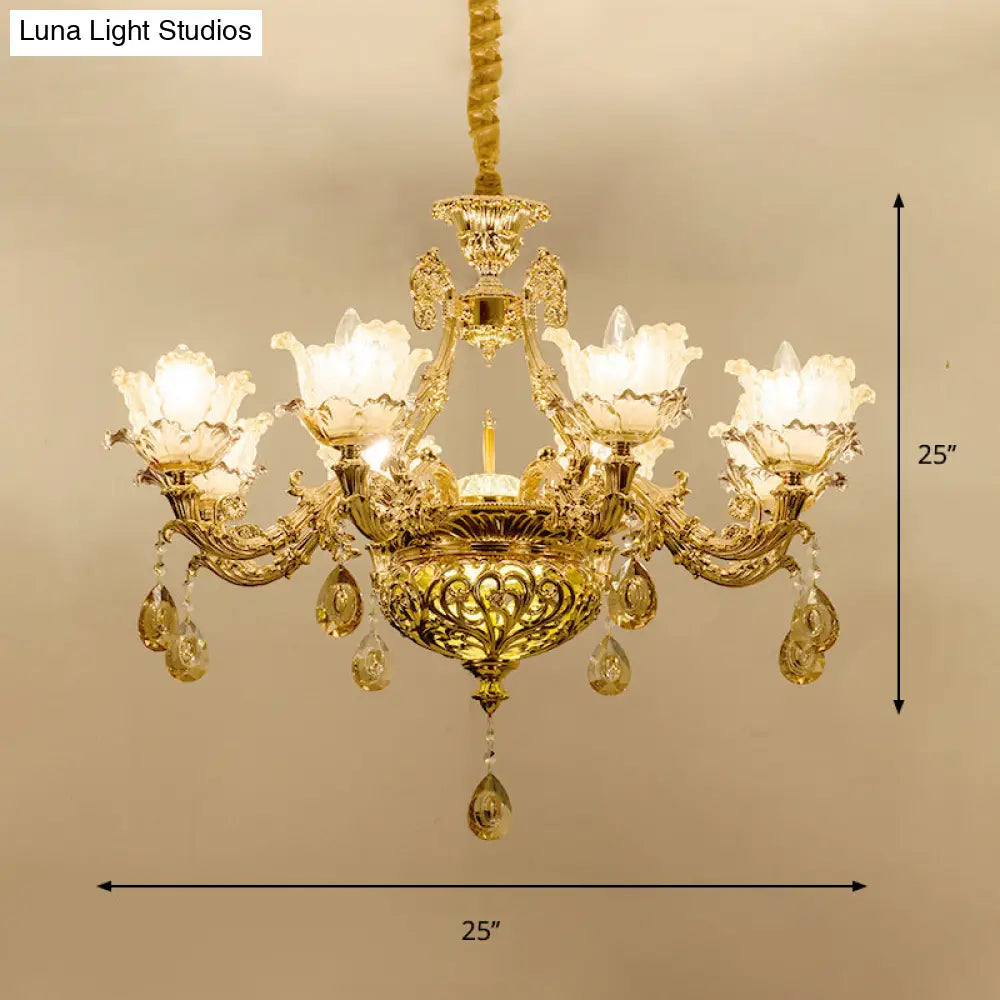 Gold Luxury Flower Chandelier With Amber Glass And Crystal Draping - 6/8 Bulbs Ceiling Light