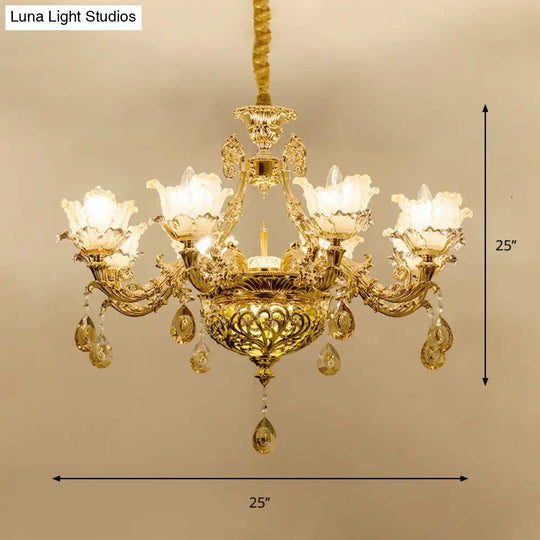 Gold Luxury Flower Chandelier With Amber Glass And Crystal Draping - 6/8 Bulbs Ceiling Light