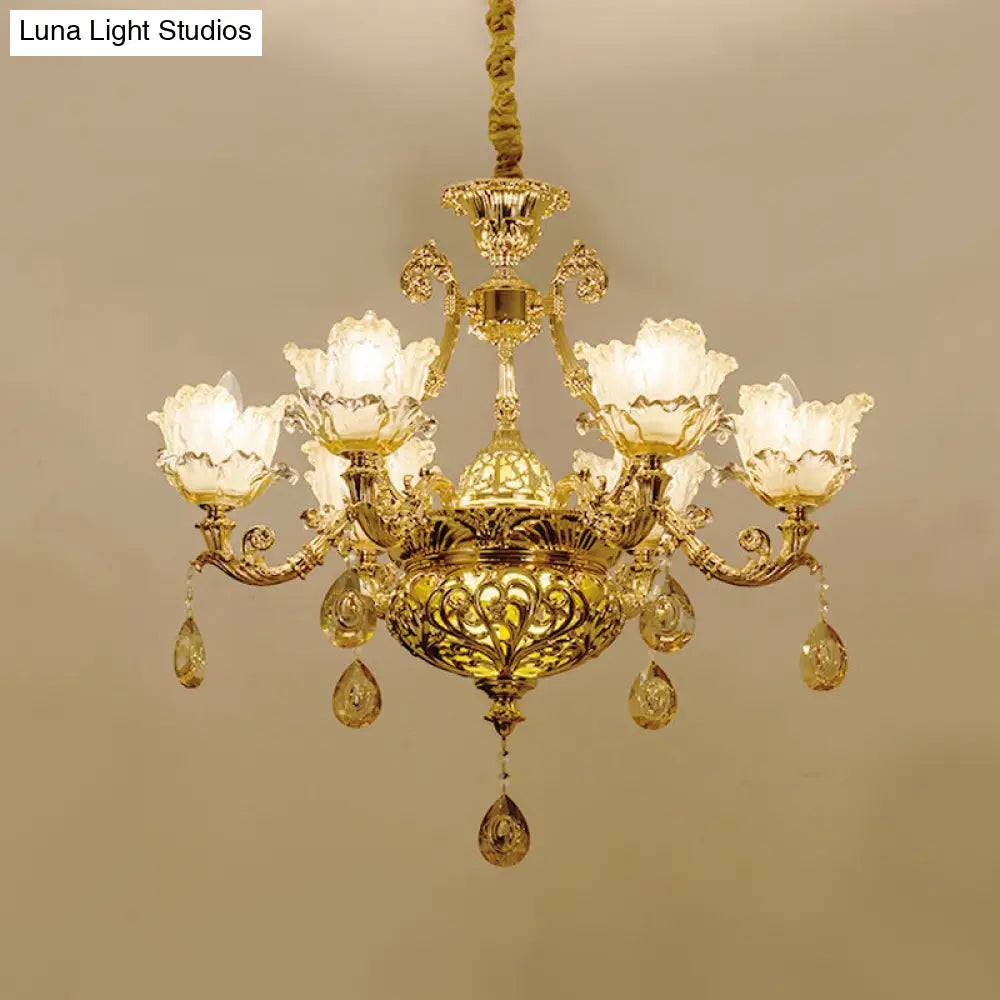 Gold Luxury Flower Chandelier With Amber Glass And Crystal Draping - 6/8 Bulbs Ceiling Light