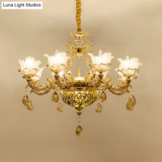 Gold Luxury Flower Chandelier With Amber Glass And Crystal Draping - 6/8 Bulbs Ceiling Light