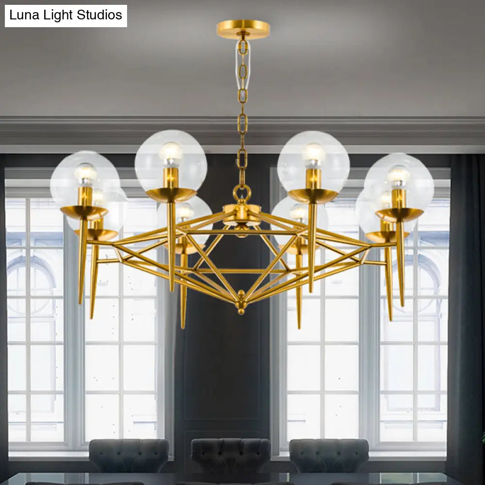 Gold Metal 8-Light Vertical Chandelier With Clear Glass Shade - Modern Living Room Hanging Lamp
