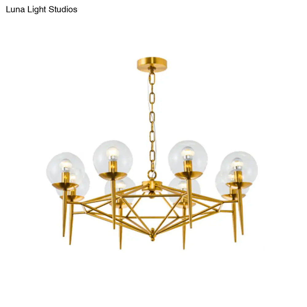 Gold Metal 8-Light Vertical Chandelier With Clear Glass Shade - Modern Living Room Hanging Lamp