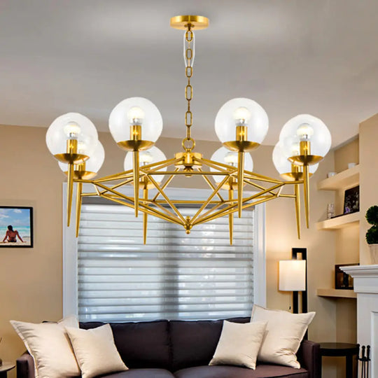 Gold Metal 8-Light Vertical Chandelier With Clear Glass Shade - Modern Living Room Hanging Lamp