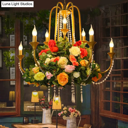 Gold Industrial Metal Chandelier With Rose Decor - Candle Restaurant Pendant Light (9 Bulbs)