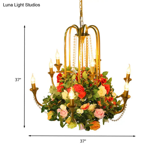 Gold Metal 9-Bulb Chandelier With Rose Decor - Perfect For Restaurant Lighting