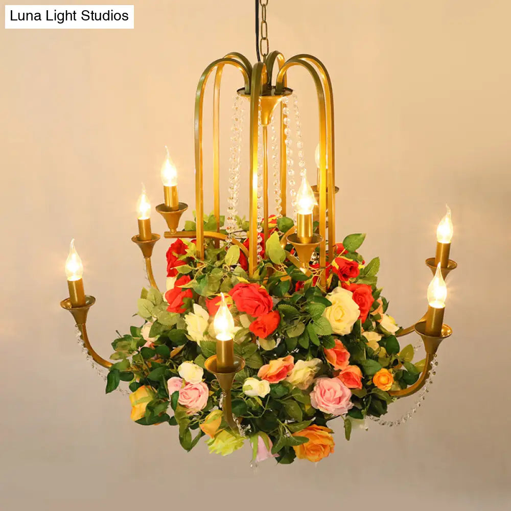 Gold Metal 9-Bulb Chandelier With Rose Decor - Perfect For Restaurant Lighting